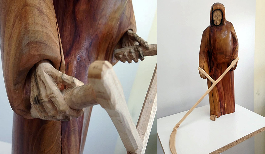 Holz Figur Tod aus zwei verschiedenen Hölzern geschnitzt