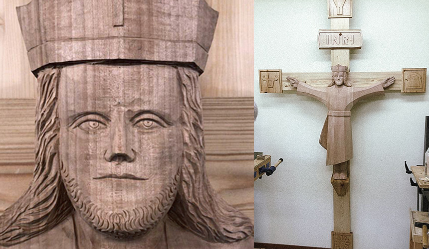 Holzkreuz mit Jesus, geschnitzte Auftragsarbeit aus Holz