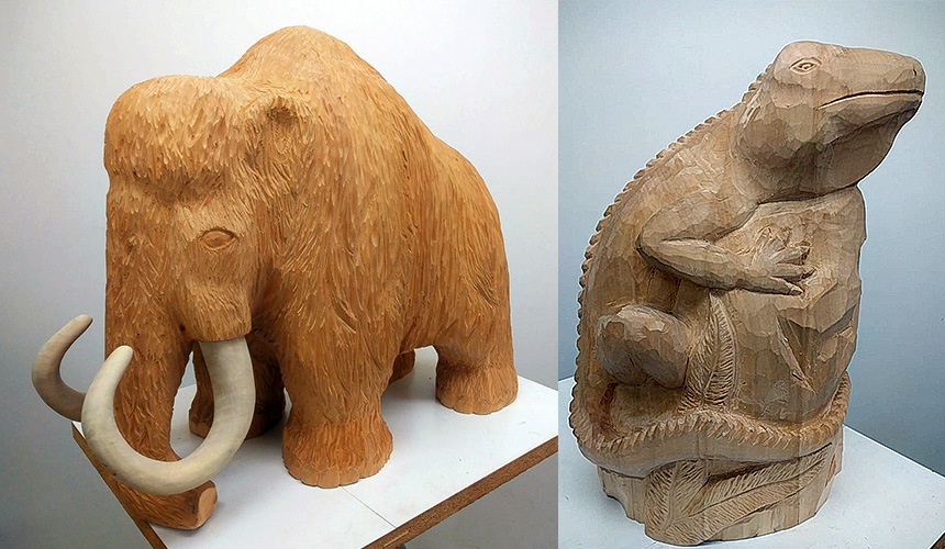 Schnitzkurs Figuren aus Holz. Ein Mammut und eine Dechse.